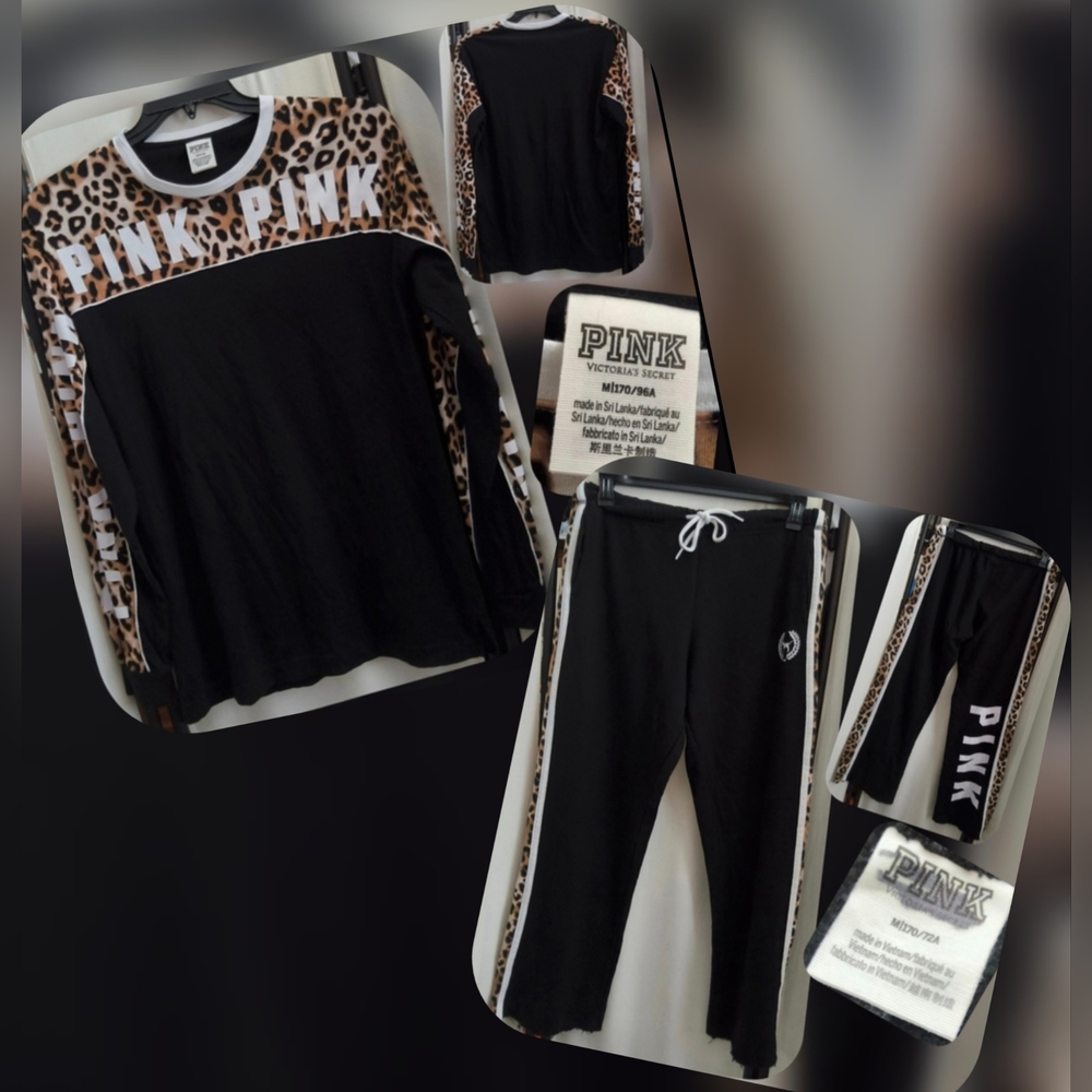 PINK Victoria's Secret Black and Leopard Print Boyfriend Joggers & Tee Set